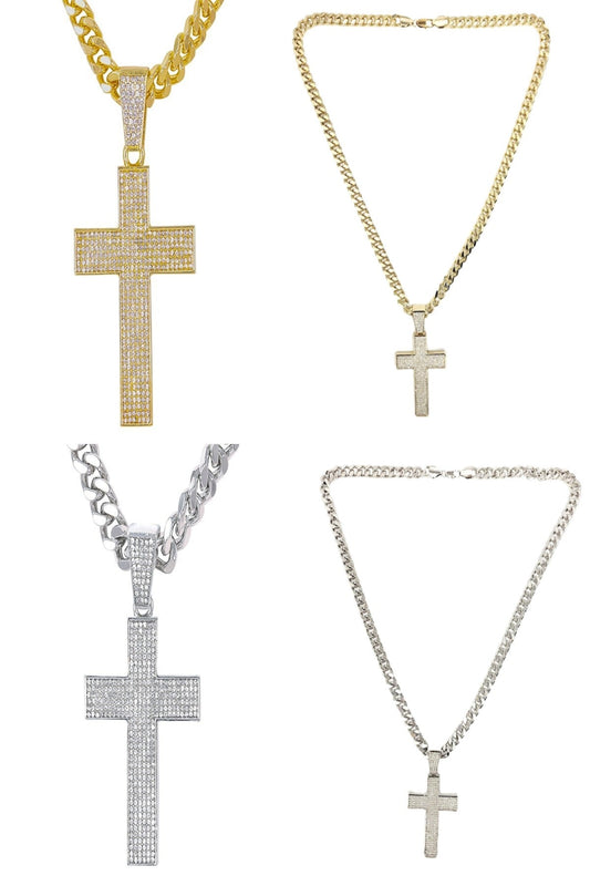 HIP HOP ICED OUT CROSS PENDANT CUBAN CHAIN-0