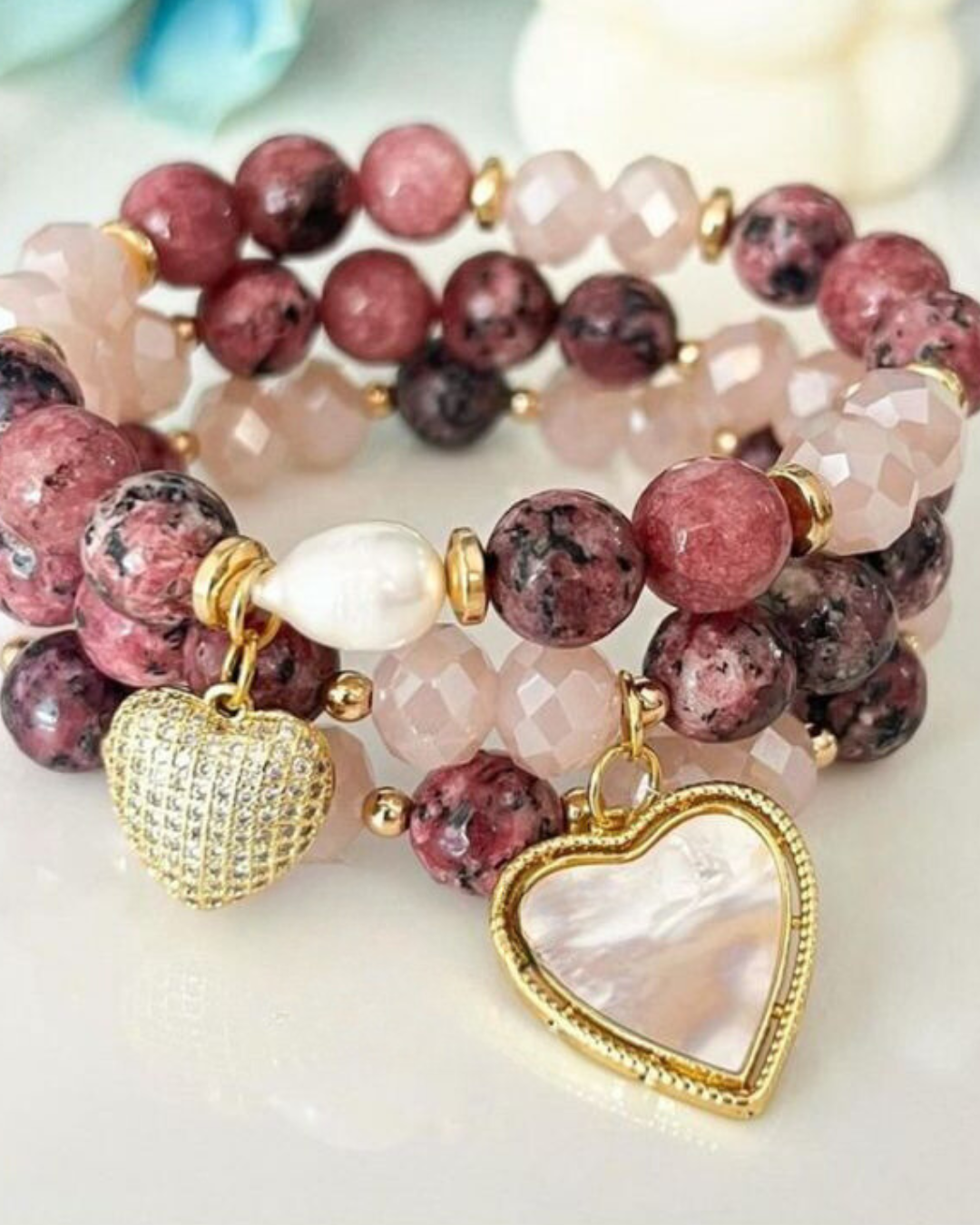 Rose Quartz With Marbelized Dark Pink Hearts Bracelet