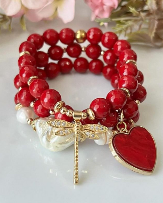 Red Jade Dragonfly Pearl Bracelet