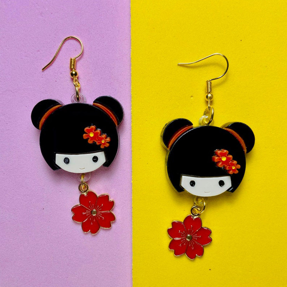 Makokot Light - Kokeshi Doll Earrings + Sakura Charm by Makokot Design-1