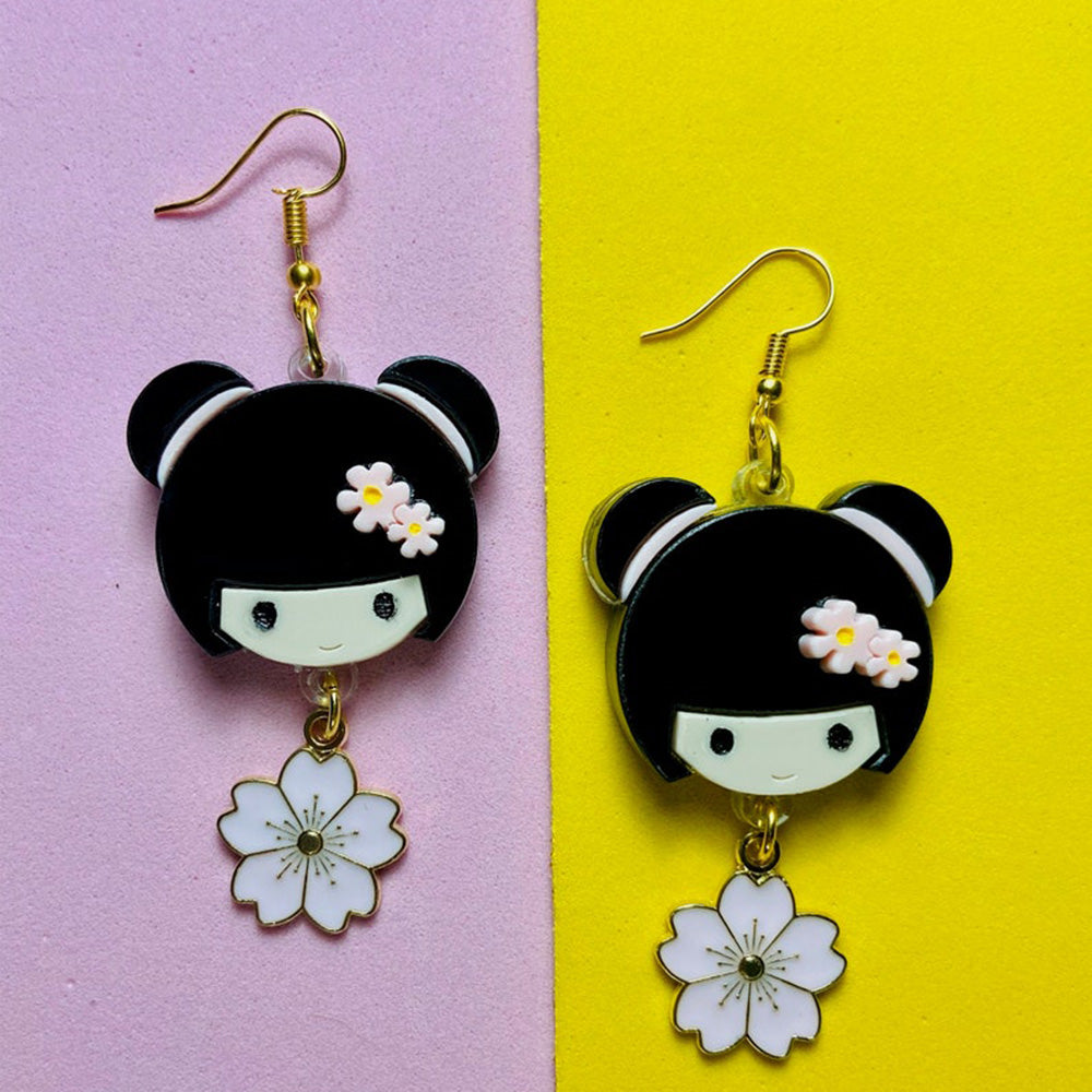 Makokot Light - Kokeshi Doll Earrings + Sakura Charm by Makokot Design-2