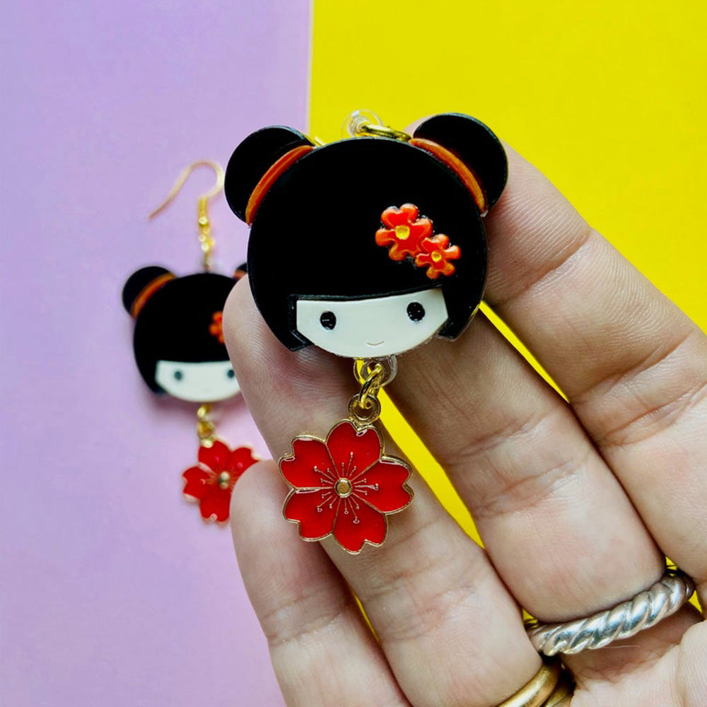 Makokot Light - Kokeshi Doll Earrings + Sakura Charm by Makokot Design-4